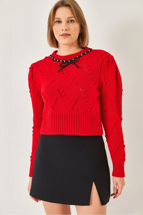 Strukturiertes besticktes Rundhals-Crop-Sweatshirt - Image 2