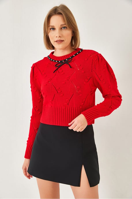 Strukturiertes besticktes Rundhals-Crop-Sweatshirt - Image 3