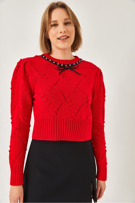 Strukturiertes besticktes Rundhals-Crop-Sweatshirt - Image 4
