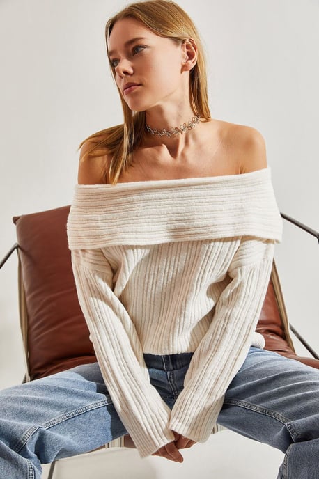 Schulterfreier gerippter Strickpullover - Image 2