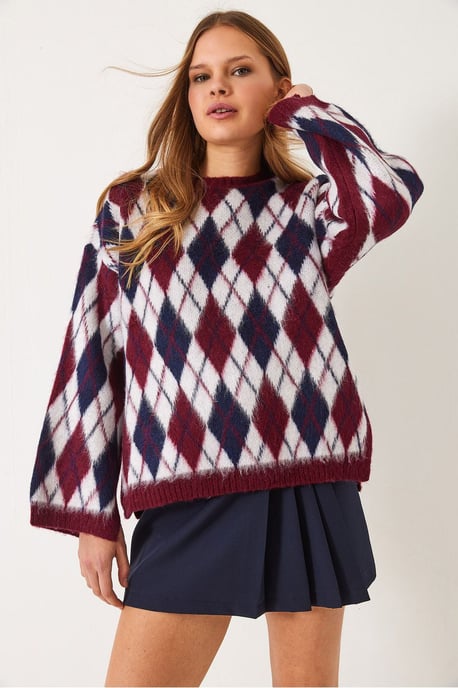 Crew-Neck-Pullover mit Schlitz im Baklava-Muster - Image 2