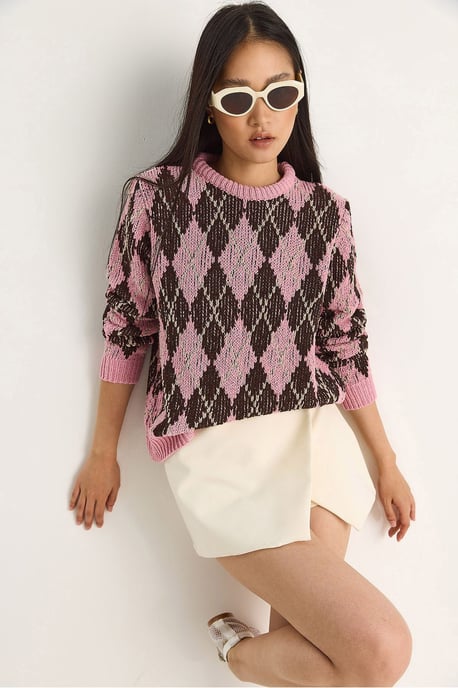 Damen Strickpullover mit Rundhalsausschnitt und Diamantmuster - Image 1