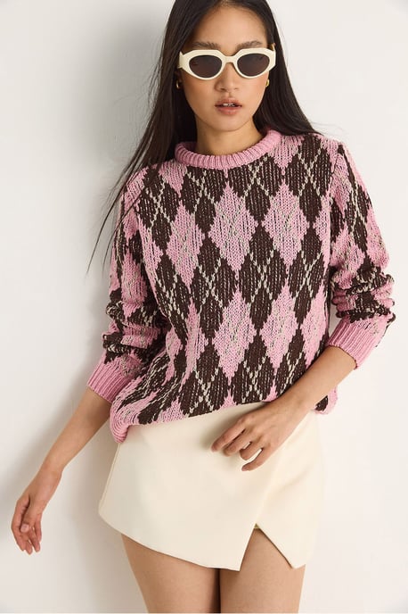 Damen Strickpullover mit Rundhalsausschnitt und Diamantmuster - Image 2