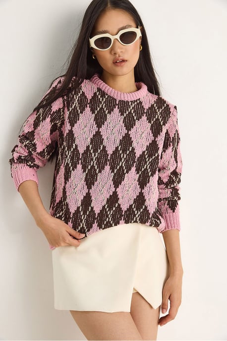 Damen Strickpullover mit Rundhalsausschnitt und Diamantmuster - Image 3