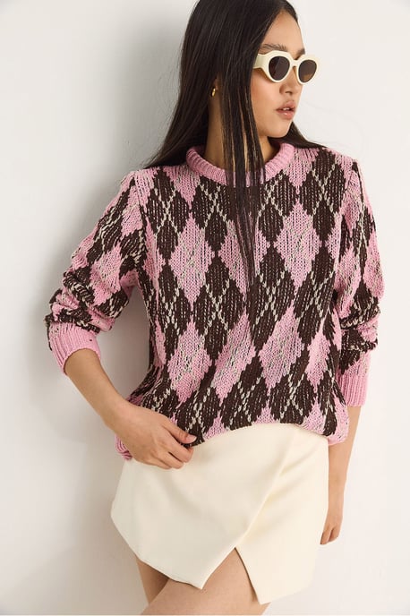 Damen Strickpullover mit Rundhalsausschnitt und Diamantmuster - Image 4