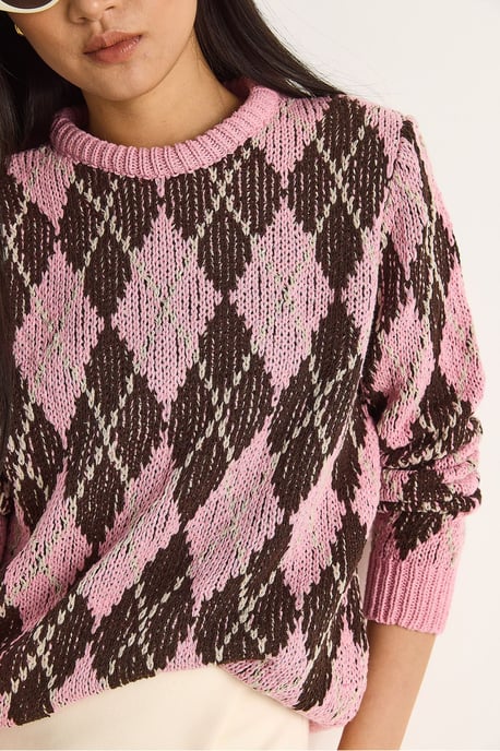 Damen Strickpullover mit Rundhalsausschnitt und Diamantmuster - Image 5