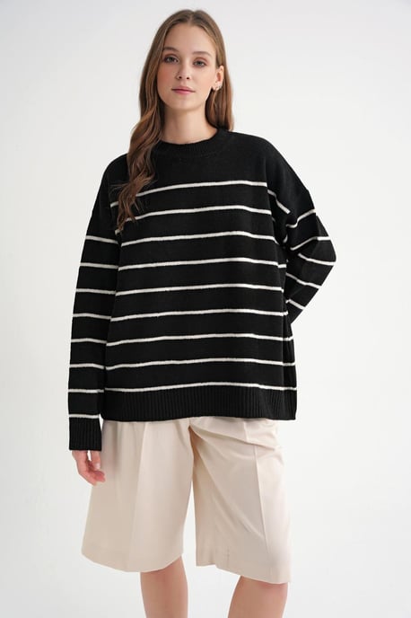 Gestreifter Rundhalsausschnitt Relaxed Strickpullover - Image 1