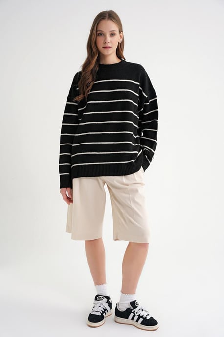 Gestreifter Rundhalsausschnitt Relaxed Strickpullover - Image 2