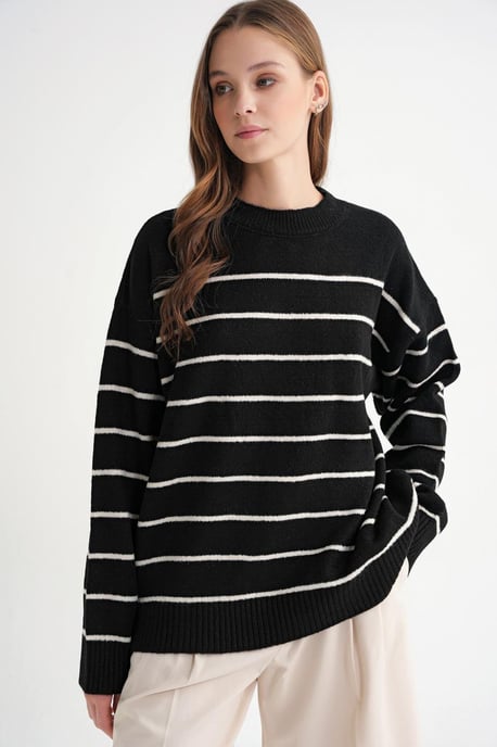 Gestreifter Rundhalsausschnitt Relaxed Strickpullover - Image 3