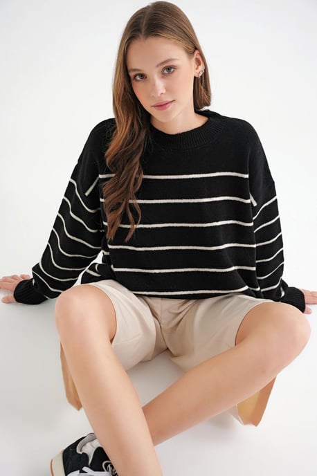 Gestreifter Rundhalsausschnitt Relaxed Strickpullover - Image 4