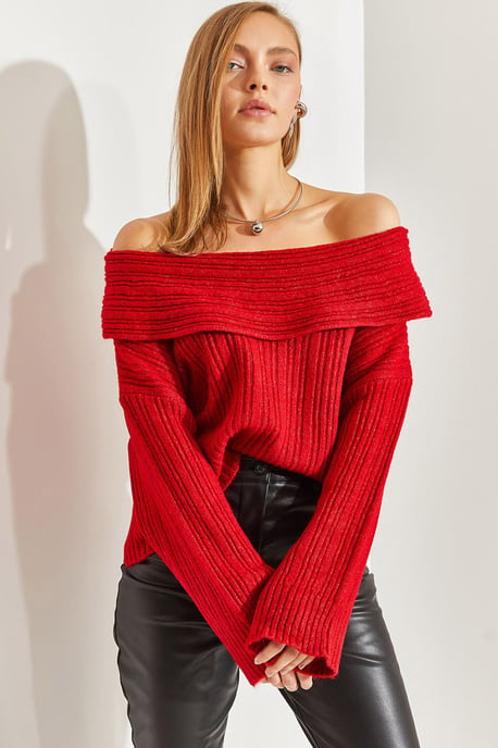 Schulterfreier gerippter Strickpullover - Image 2