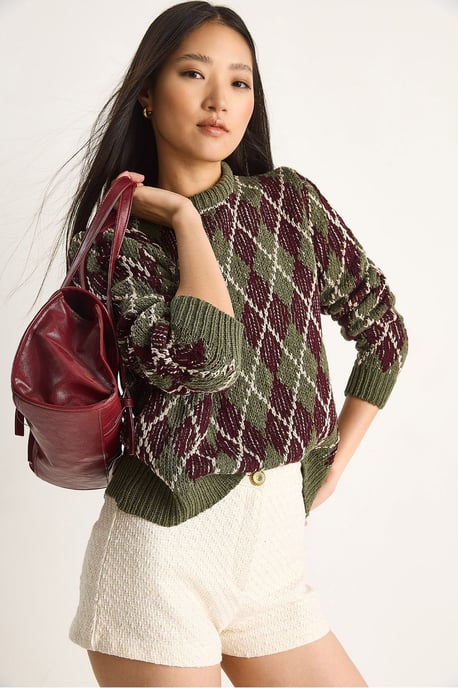 Damen Rundhals Strickpullover mit Diamantmuster - Image 2