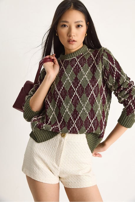 Damen Rundhals Strickpullover mit Diamantmuster - Image 3
