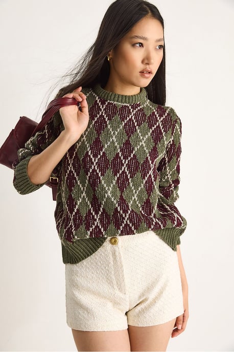 Damen Rundhals Strickpullover mit Diamantmuster - Image 4