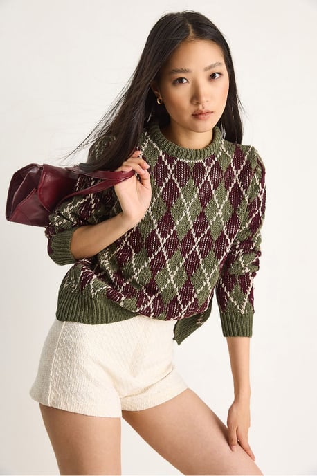 Damen Rundhals Strickpullover mit Diamantmuster - Image 5