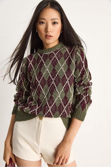 Damen Rundhals Strickpullover mit Diamantmuster - Image 6