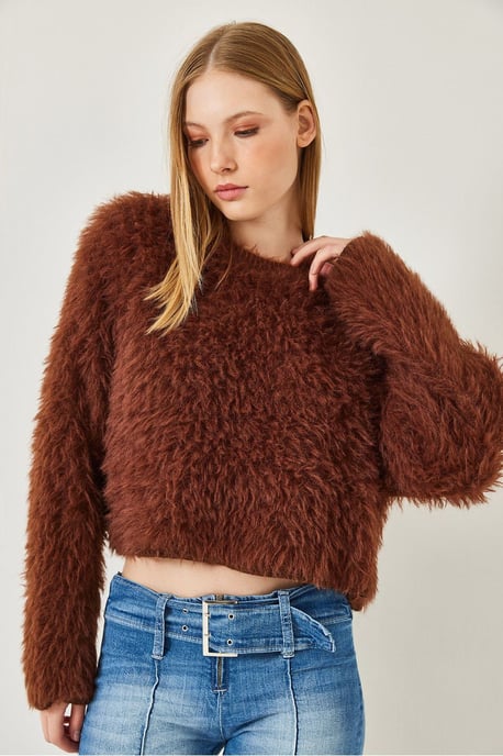 Strukturierter Rundhals-Crop-Pullover mit plüschigen Details - Image 2