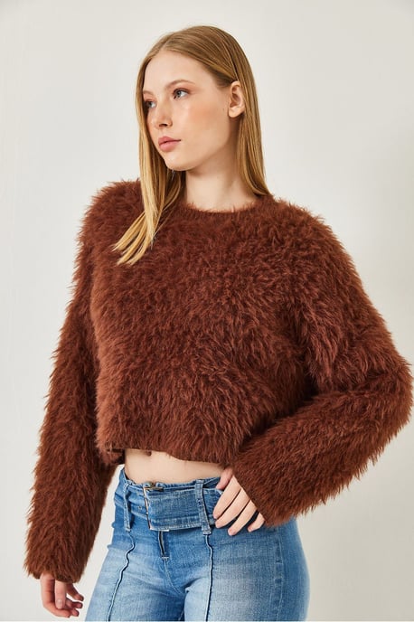 Strukturierter Rundhals-Crop-Pullover mit plüschigen Details - Image 3