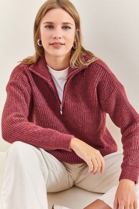 Übergroßer strukturiertes Strickpullover mit Reißverschluss-Kragen - Image 1