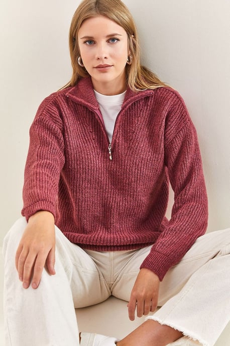 Übergroßer strukturiertes Strickpullover mit Reißverschluss-Kragen - Image 2