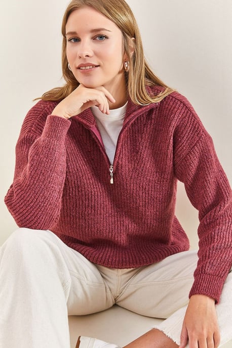 Übergroßer strukturiertes Strickpullover mit Reißverschluss-Kragen - Image 3