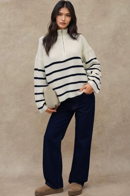 Gestreifter Pullover mit langem Arm und Reißverschlusskragen - Image 4