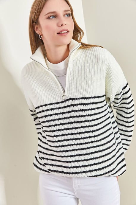 Gestreifter Reißverschluss-Kragen Relaxed Fit Pullover - Image 1