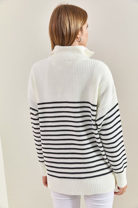 Gestreifter Reißverschluss-Kragen Relaxed Fit Pullover - Image 2