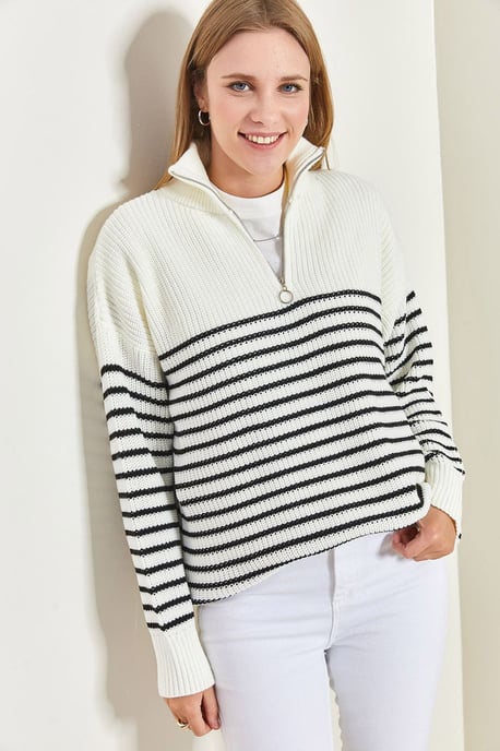 Gestreifter Reißverschluss-Kragen Relaxed Fit Pullover - Image 3