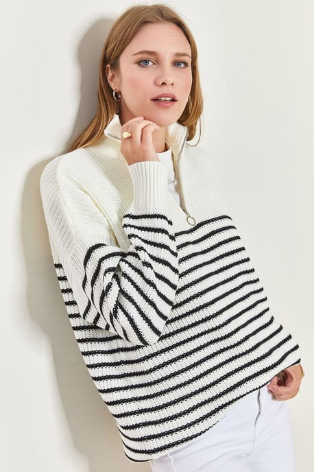 Gestreifter Reißverschluss-Kragen Relaxed Fit Pullover - Image 4