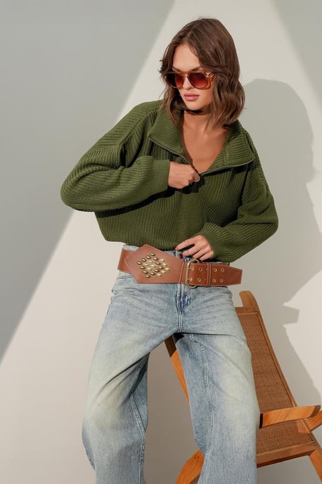 Strukturiertes Langarm-Pullover mit Reißverschlusskragen - Image 2