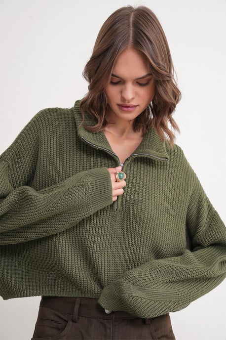 Strukturiertes Langarm-Pullover mit Reißverschlusskragen - Image 4