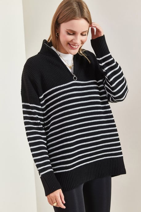 Gestreifter Reißverschluss-Kragen Relaxed Fit Pullover - Image 1