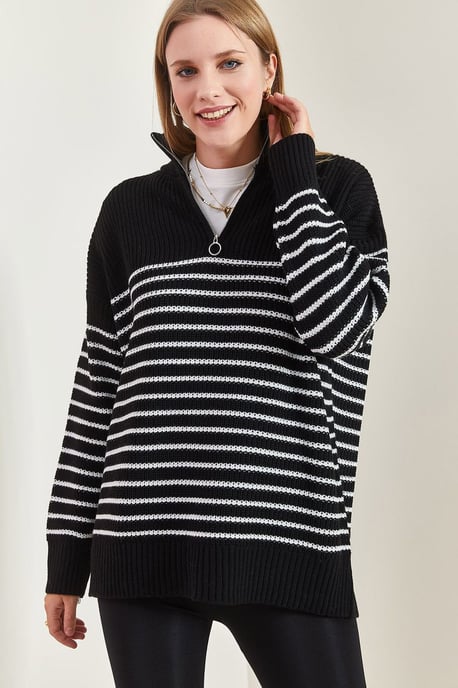 Gestreifter Reißverschluss-Kragen Relaxed Fit Pullover - Image 2