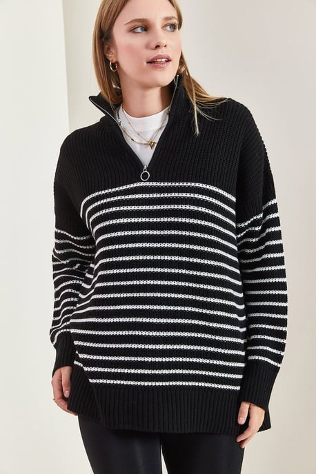 Gestreifter Reißverschluss-Kragen Relaxed Fit Pullover - Image 3