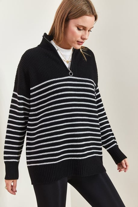 Gestreifter Reißverschluss-Kragen Relaxed Fit Pullover - Image 4