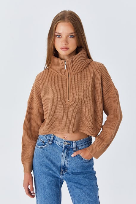 Strukturiertes Langarm-Pullover mit Reißverschlusskragen - Image 2