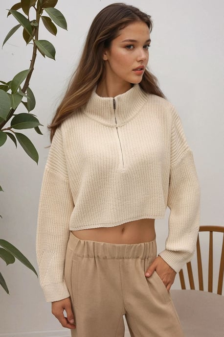 Dicker Strick-Crop-Pullover mit Reißverschlusskragen - Image 1