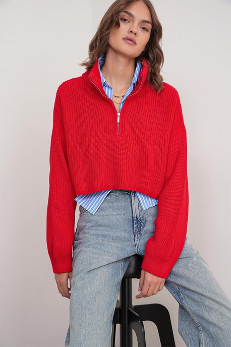 Texturierter Langarm-Pullover mit Reißverschlusskragen - Image 2