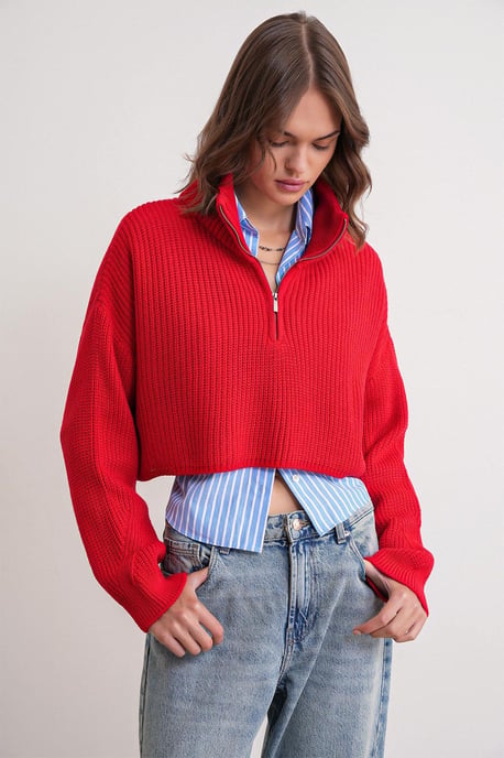 Texturierter Langarm-Pullover mit Reißverschlusskragen - Image 3