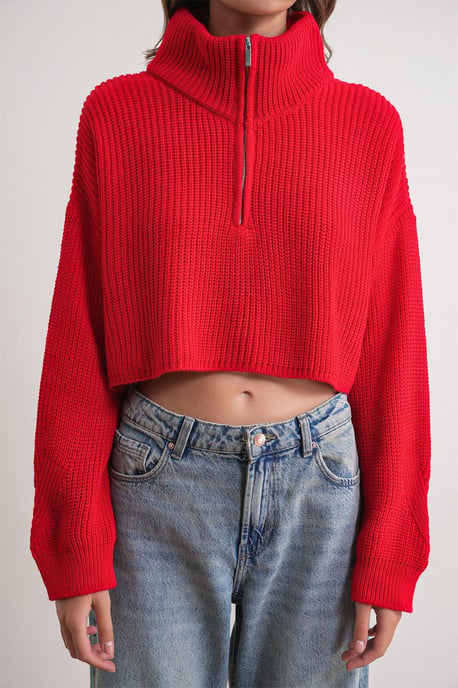 Texturierter Langarm-Pullover mit Reißverschlusskragen - Image 4
