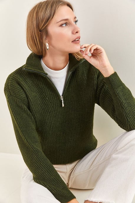 Oversized strukturiertes Strickpullover mit Reißverschlusskragen - Image 2