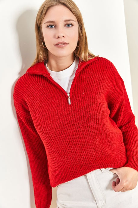 Oversized strukturierter Strickpullover mit Reißverschlusskragen - Image 2
