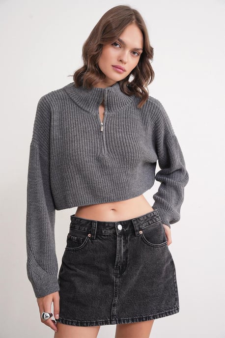 Strukturiertes Langarm-Pullover mit Reißverschlusskragen - Image 3