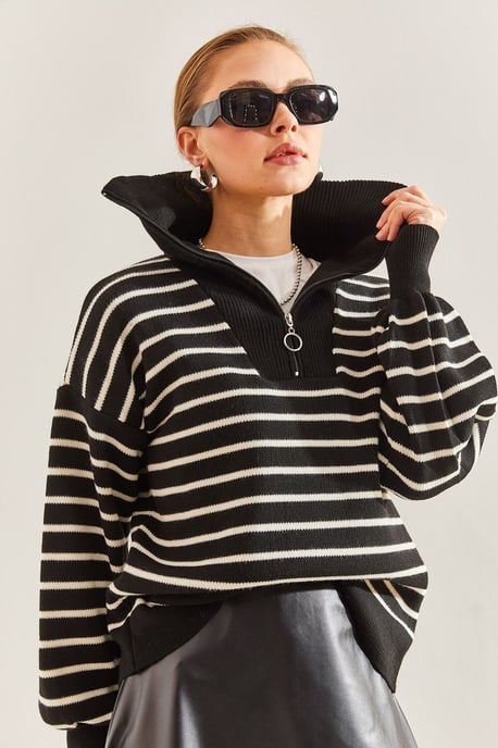 Gestreifter Boxy Crop-Pullover mit Reißverschlusskragen - Image 3