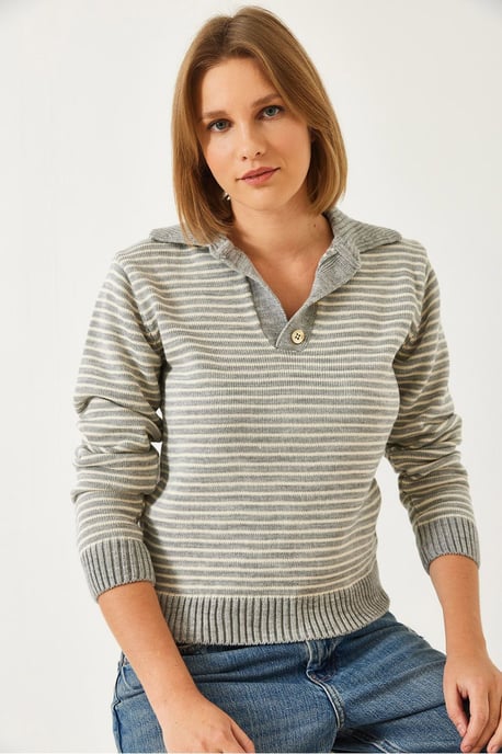 Gestreifter Polo-Kragen Strickpullover - Image 2