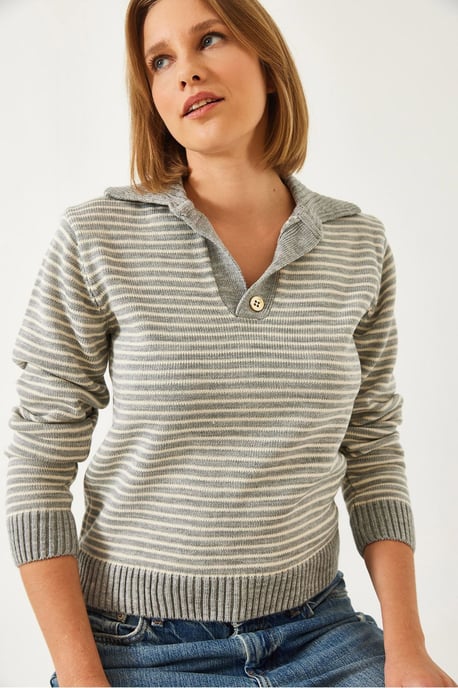 Gestreifter Polo-Kragen Strickpullover - Image 3