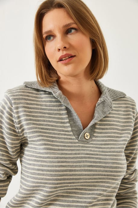 Gestreifter Polo-Kragen Strickpullover - Image 4