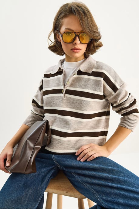 Polo-Kragen Langarm Strickpullover - Image 2
