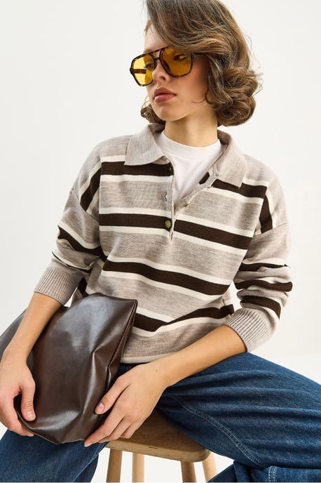 Polo-Kragen Langarm Strickpullover - Image 3